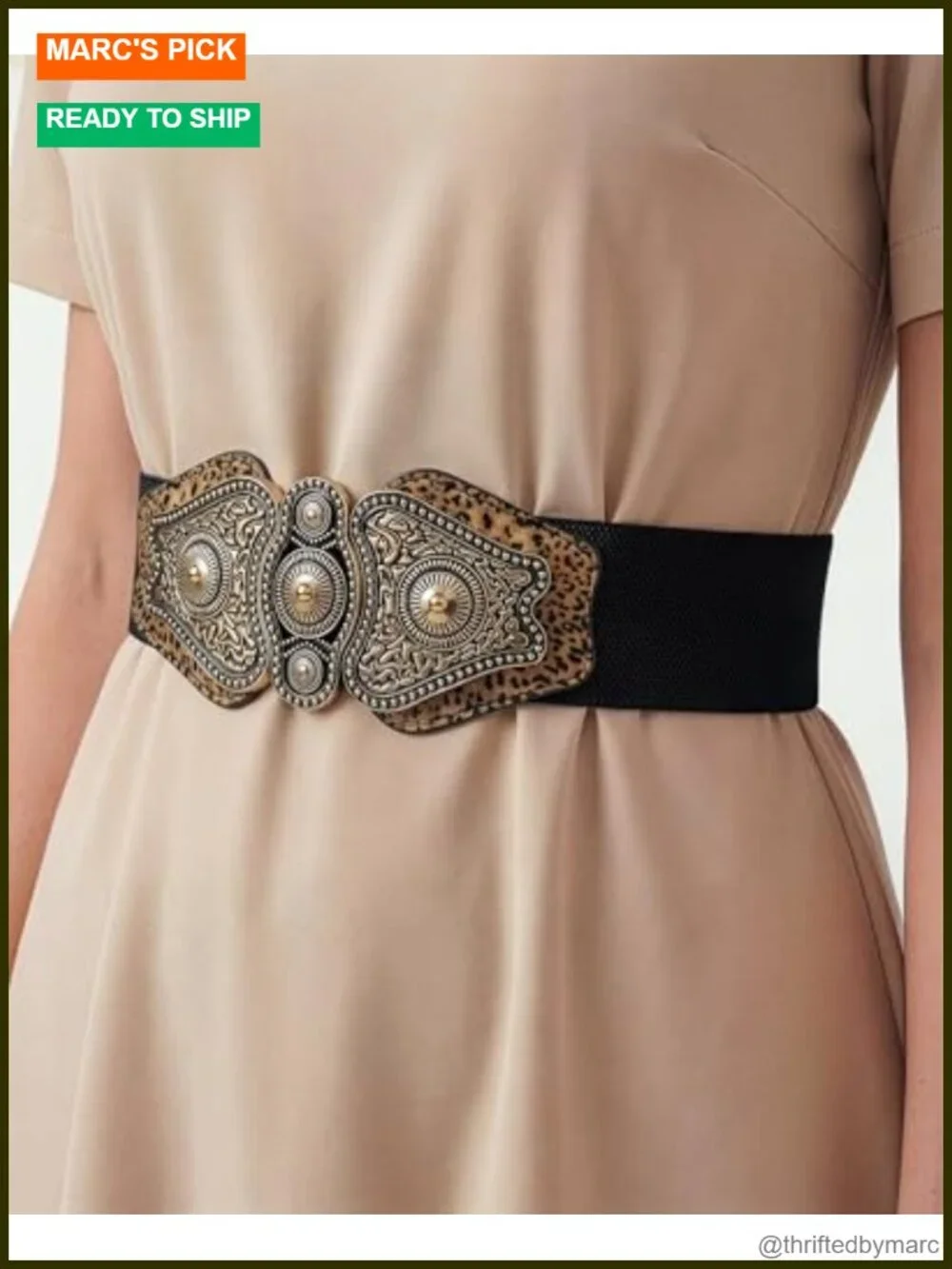 Wide Elastic Stretch Vintage Antique Buckle Belt Faux Leather